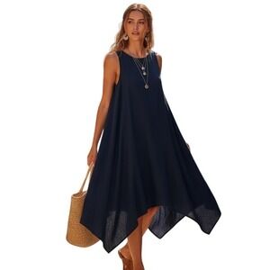 For Cynthia Womens Navy Linen Lagenlook Sharkbite Asymmetrical Coastal Dress M